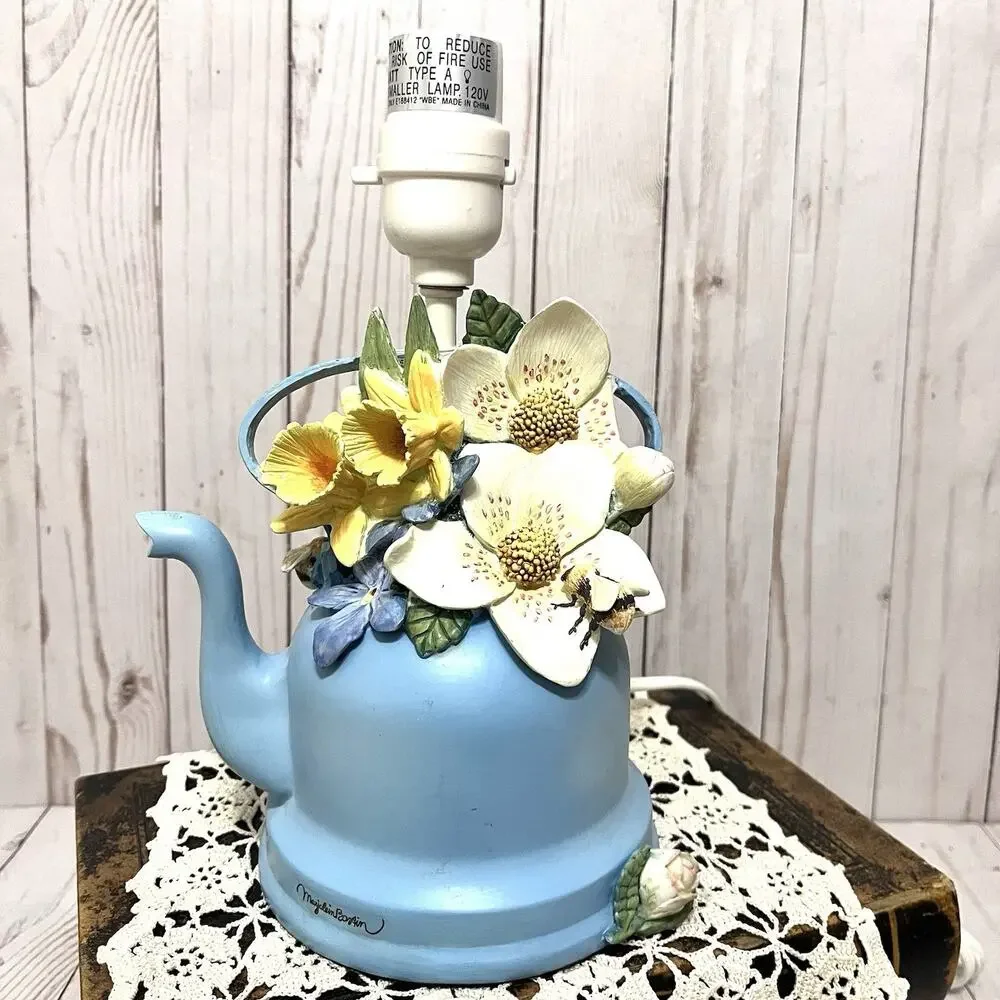 Marjolein Bastin Blue Floral Teapot Table Lamp w Shade, Ceramic Novelty Design